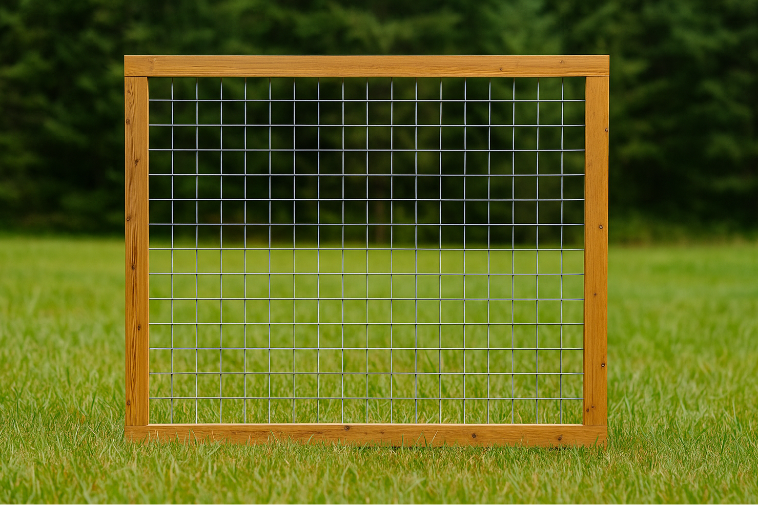 Wooden cedar frame with hog wire steel mesh on a grassy background