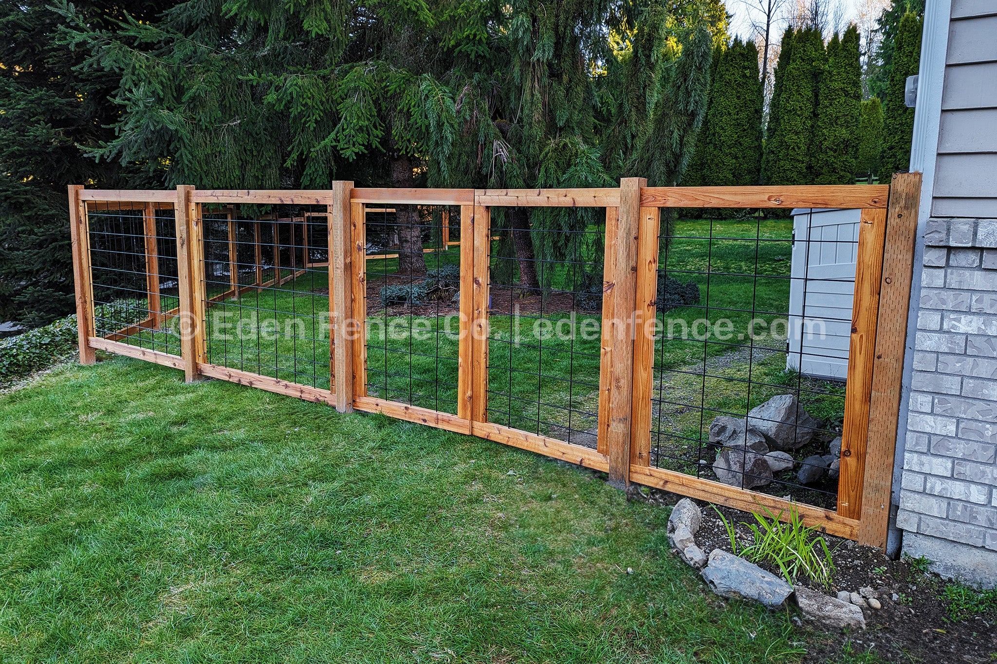 Eden Fence Co hog panel fence with wire mesh installed in a backyard setting in Montlake Terrace, Washington