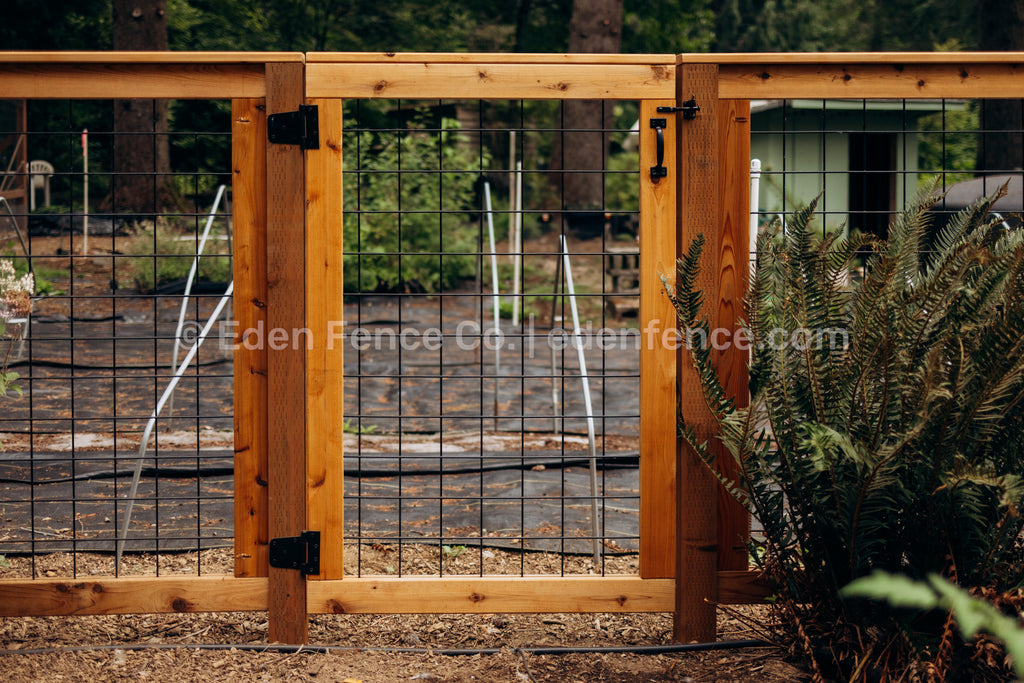 Eden Fence Co hog panel fence gate with black galvanized steel wire mesh in a garden setting in Woodinville, Washington